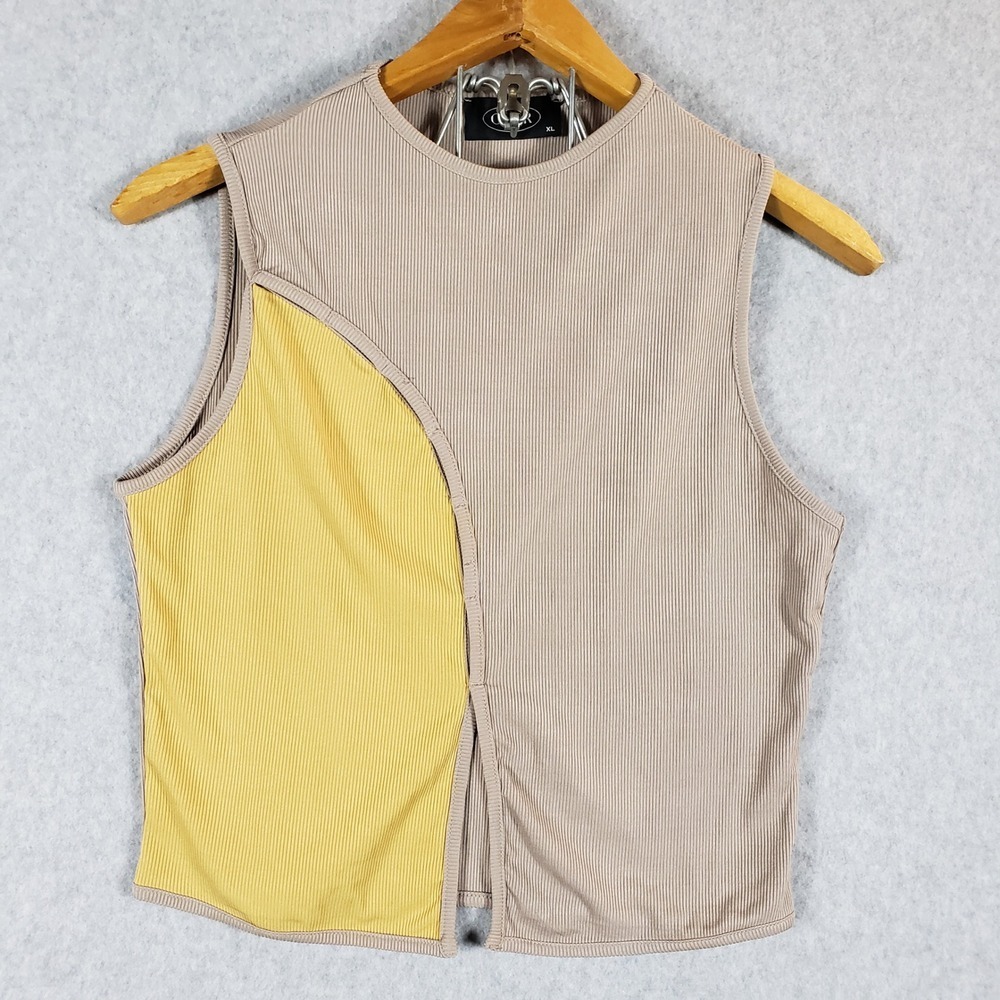 CIDER Ribbed Asymmetrical Cutout Tank Top Women's XL Beige Yellow NWT